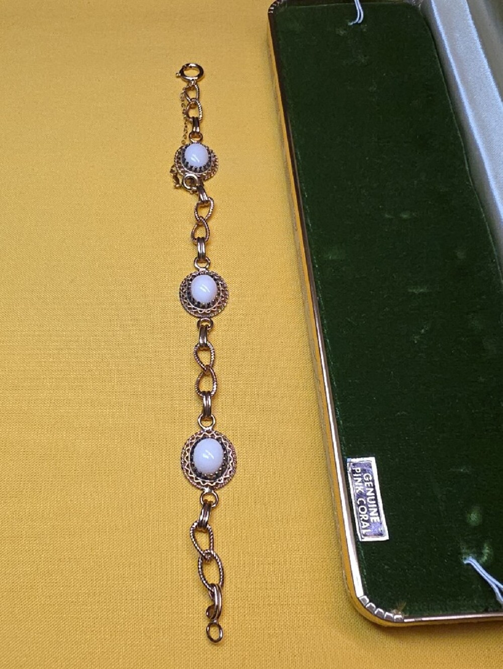 Vintage Celebrity Gold Filled Sterling Pink Coral Link Bracelet Set Boxed 7.5"